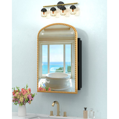 Armoire à pharmacie de salle de bain avec miroir, miroir de salle de bain mural ou encastré avec rangement, 2 tablettes réglables en métal et 1 armoire de rangement pour salle de bain, décoration moderne et luxueuse Bling Gold 20 po x 28 po