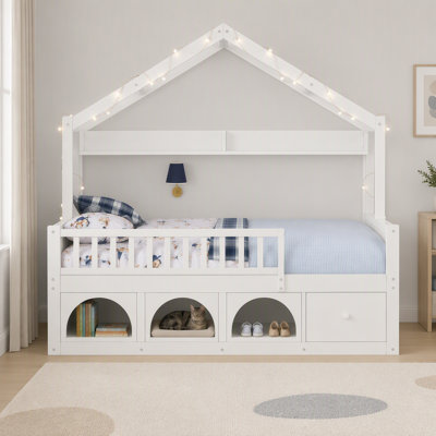 Lit double pour enfant avec toit Montessori, lumières DEL, garde-corps, tiroirs de rangement et casier, blanc