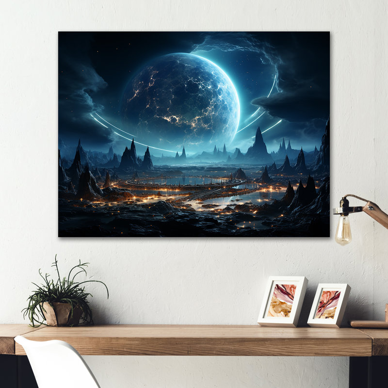 «White and Blue Cosmic Space Landscape III», art mural en métal «Planète de l'espace», H 24 po x l 32 po x P 1 po