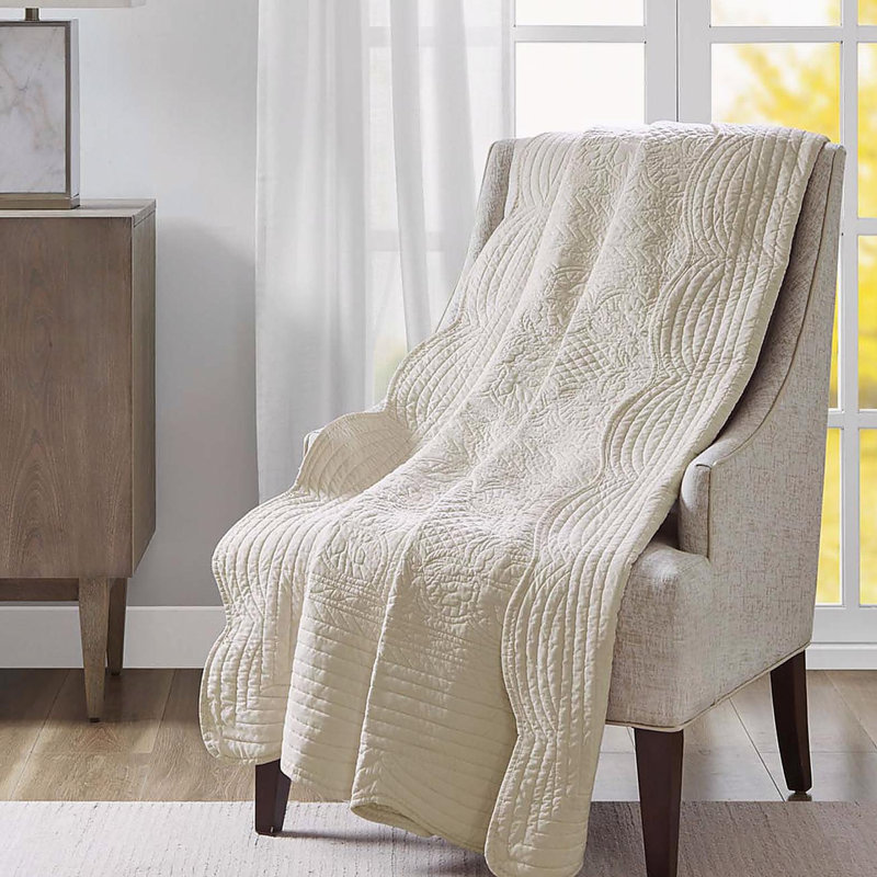 Jeté matelassé surdimensionné avec bords festonnés bleu 60 po x 72 po, Crème, crème