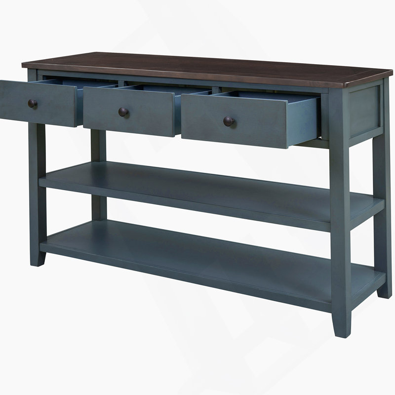Console rétro avec deux tablettes ouvertes, structure en bois de pin massif et pieds pour le salon (bleu marine), Marine