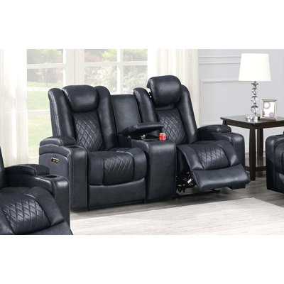 Modern Contemporary Style Power Reclining Loveseat 1Pc Adjustable Headrest Storage Sofa Cup Holder Ink Blue Finish Primary Living Room Furniture