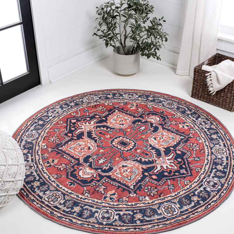 Tapis rouge / bleu marine Aailiyah Ornate, Rond 5 pi 3 po