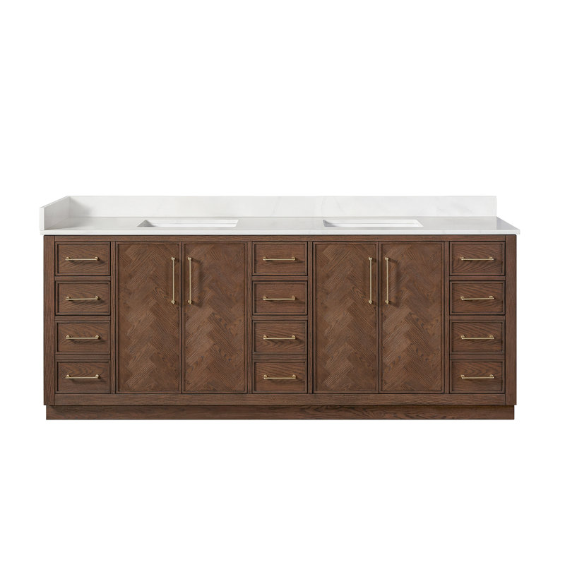 Jakarta 84" Double Bath Vanity with Silk White Quartz Stone Top, Aged Dark Brown Oak, Brushed Gold