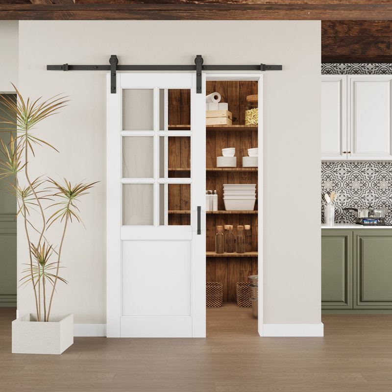 Modern White Primed And  6-Lite Clear Glass Sliding Barn Door With Installation Hardware Kit(No Assembly Required), 24" x 80"