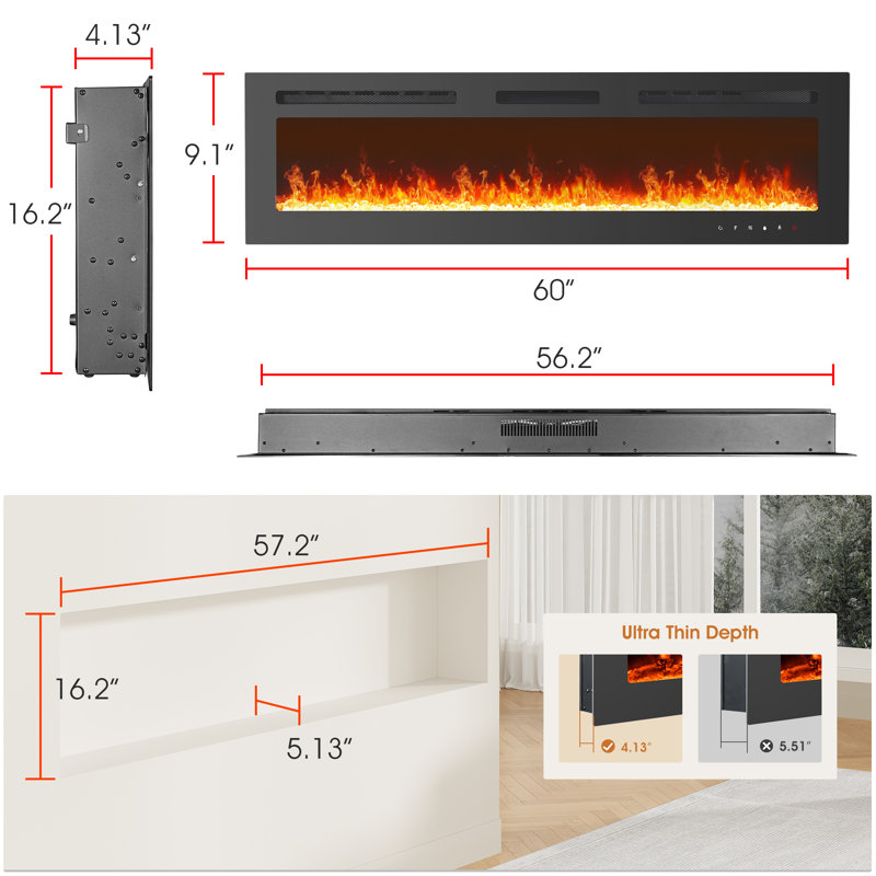 Electric Fireplace, Ultra-Thin Fireplace Recessed and Wall Mounted With Touch Screen Control Panel, 17" H x 60" W x 4.13" D