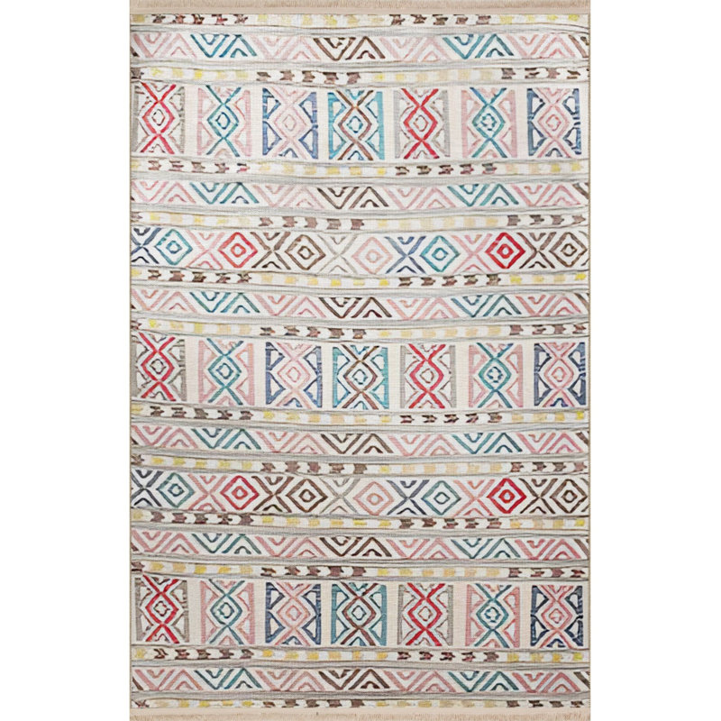 Tapis beige lavable à la machine multicolore, Rectangle 3 pi 3 po x 4 pi 11 po