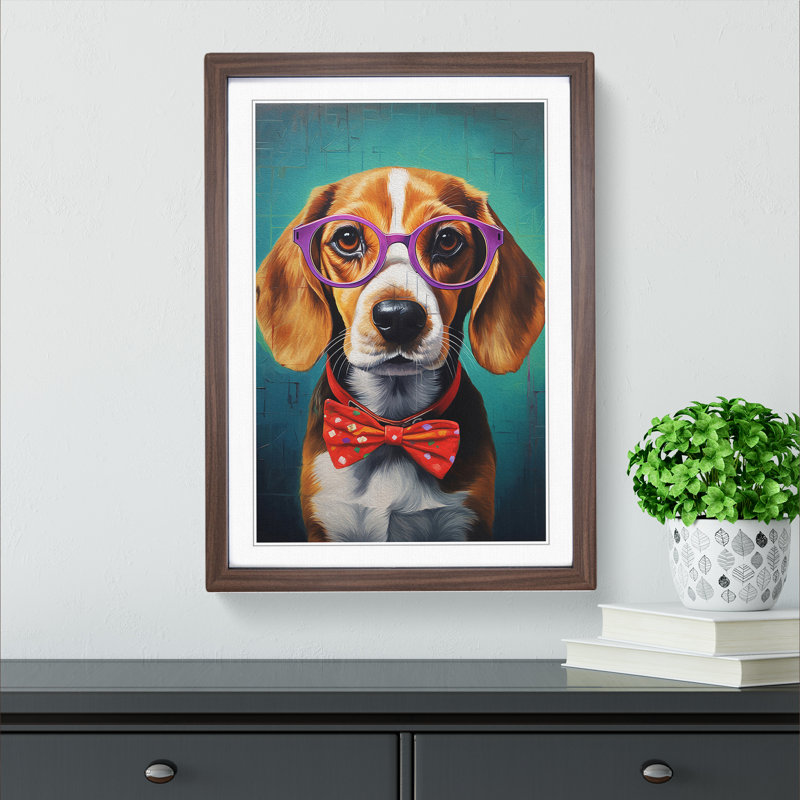 Beagle With Glasses Painting - Single Picture Frame Print on Wood, 64cm H x 46cm W x 2cm D, Walnut Framed