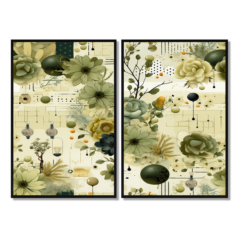 «Green Botanical Dreams» - art mural vert 2 pièces, 36" H x 48" W, Impression encadrée flottante, Black