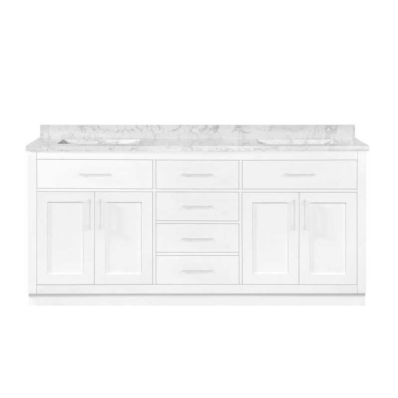 Athea 72 in. Double Sink Freestanding White Bathroom Vanity with White Engineered Marble Top, Brushed Nickel Hardware, White