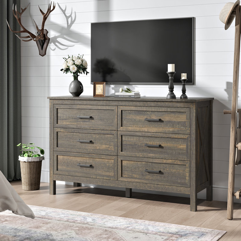 Farmhouse 6 Drawer Dresser for Living Room,Bedroom Dresser with Anti-Tip Device, Dark Rustic Oak