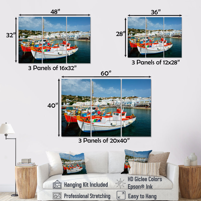 «Greek Port Finition Boat» - ensemble d'art mural sur toile Chasse et pêche, H 40 po x l 60 po x P 1 po