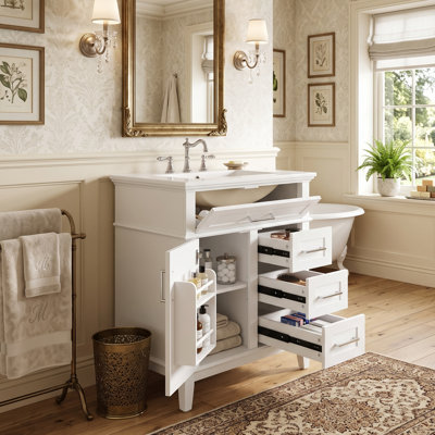 Meuble-lavabo simple 24 po avec lavabo en céramique, armoire de rangement à cadre en bois massif, 4 tiroirs, 1 porte et tablette réglable (blanc / gris)
