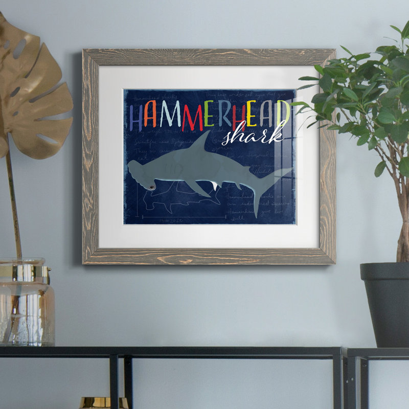 " Hammerhead Shark ", 20" H x 17" W x 1.5" D, Gray Framed Paper