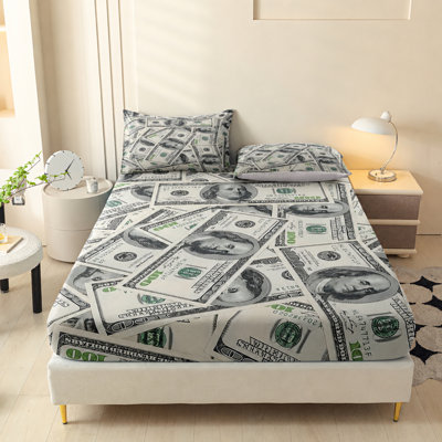 Ensemble de drap-housse en microfibre Orylavena à motif de billet de 100 $ avec 2 taies d'oreiller, taille standard, poches de 35,5 cm