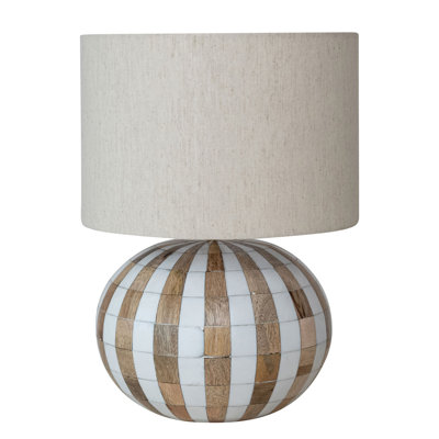 Mango Wood Table Lamp With Inlaid Resin Stripes And Cotton Shade