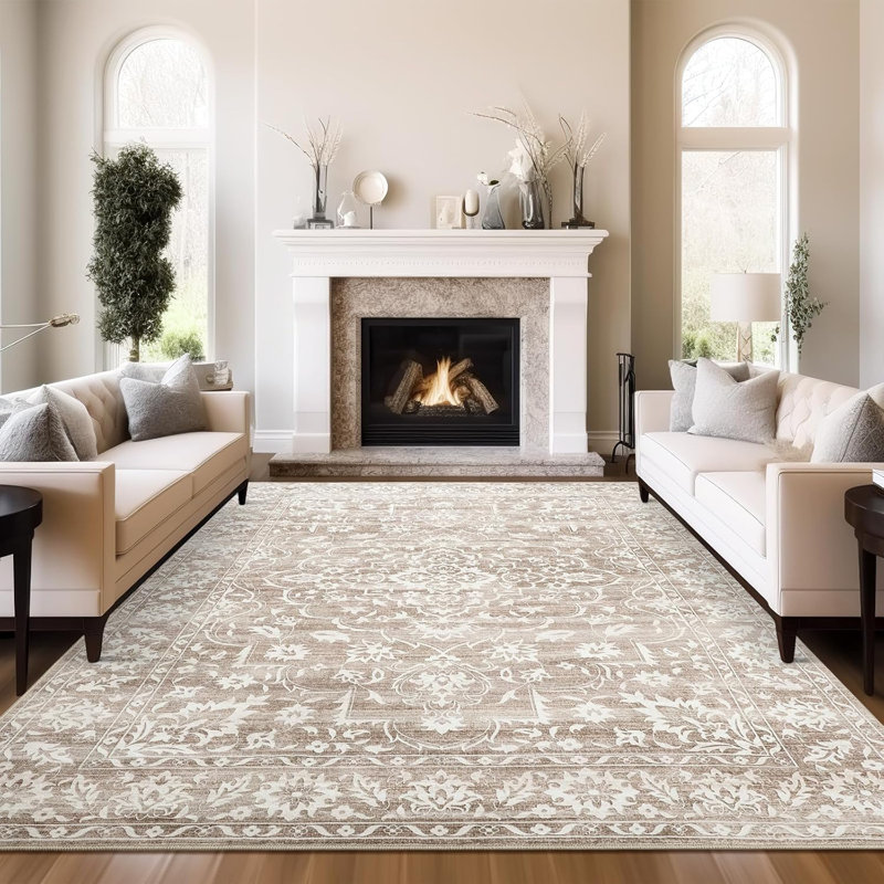 Machine Washable Medallion Floral Area Rug(Brown), Rectangle 10' x 14'