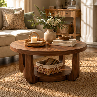 31.5" Mid-Century Round Coffee Table with Lower Storage Shelf, Accent Table for Living Room, Walnut Color