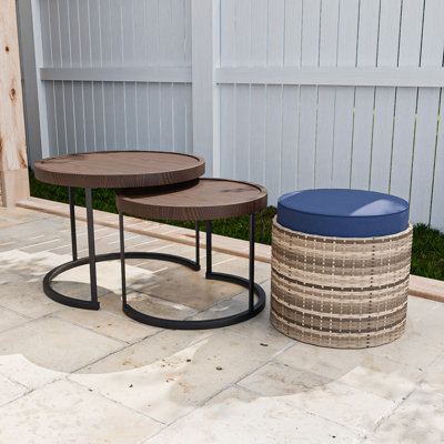 Set of 3 Wood Grain Top Nesting Round Metal Frame Coffee Table, Round Brown Wicker Ottomans with Cushion