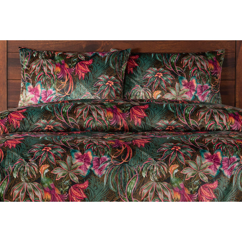 Tropical Floral Print Velvet Duvet Cover Set, King Duvet Cover + 2 King Shams