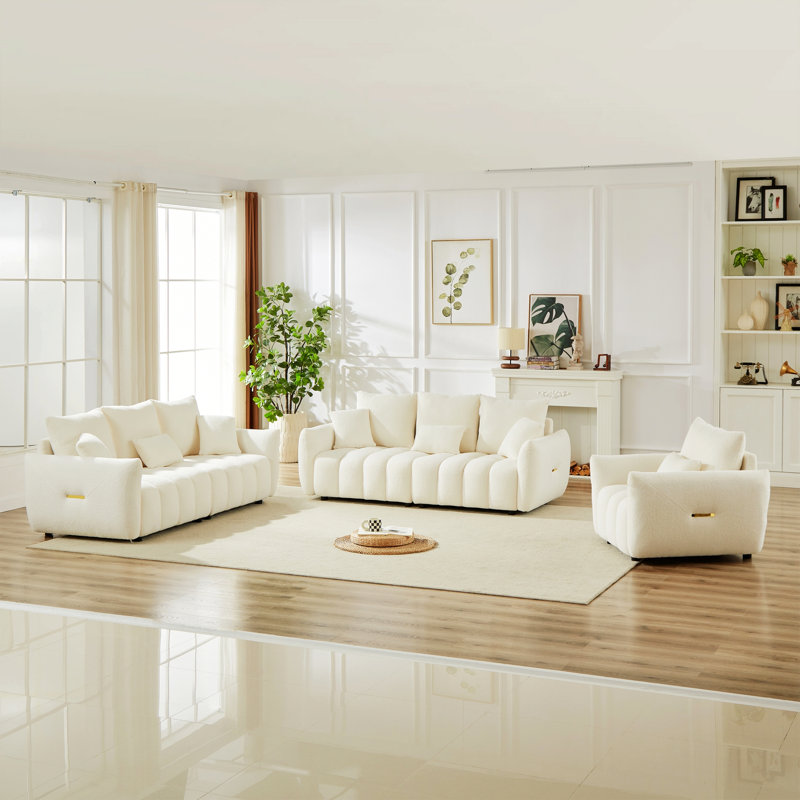 Ensemble de canapé moderne avec structure en bois, coussins pour espaces de vie, Beige