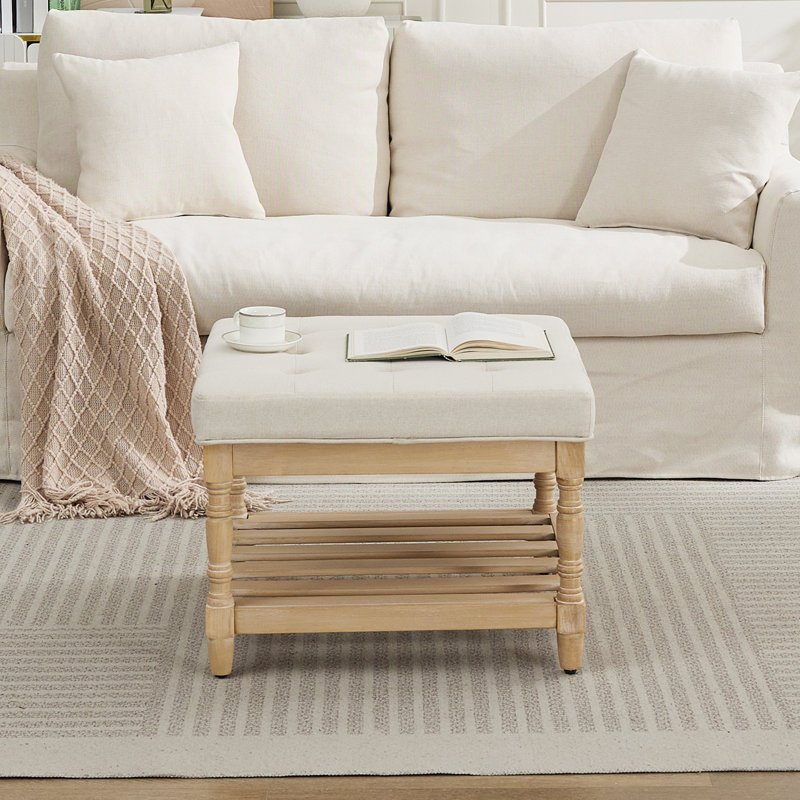 Table basse en tissu avec rangement Gladis, Plateau beige / base brun clair