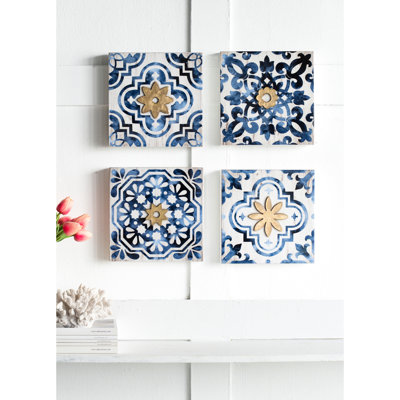 9.5x9.5" Wall Decor In Blue, White, Gold. Framed For Office. Suits Eclectic Interiors. 95% Fir Wood, 5% Paper. 5lbs. 9.5wx9.5hx1.7d Accents Chic Hallw