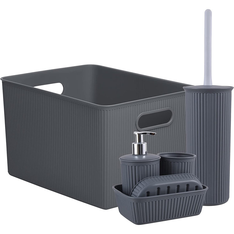 Ensemble d'accessoires de salle de bain nervuré 6 pièces, Gris
