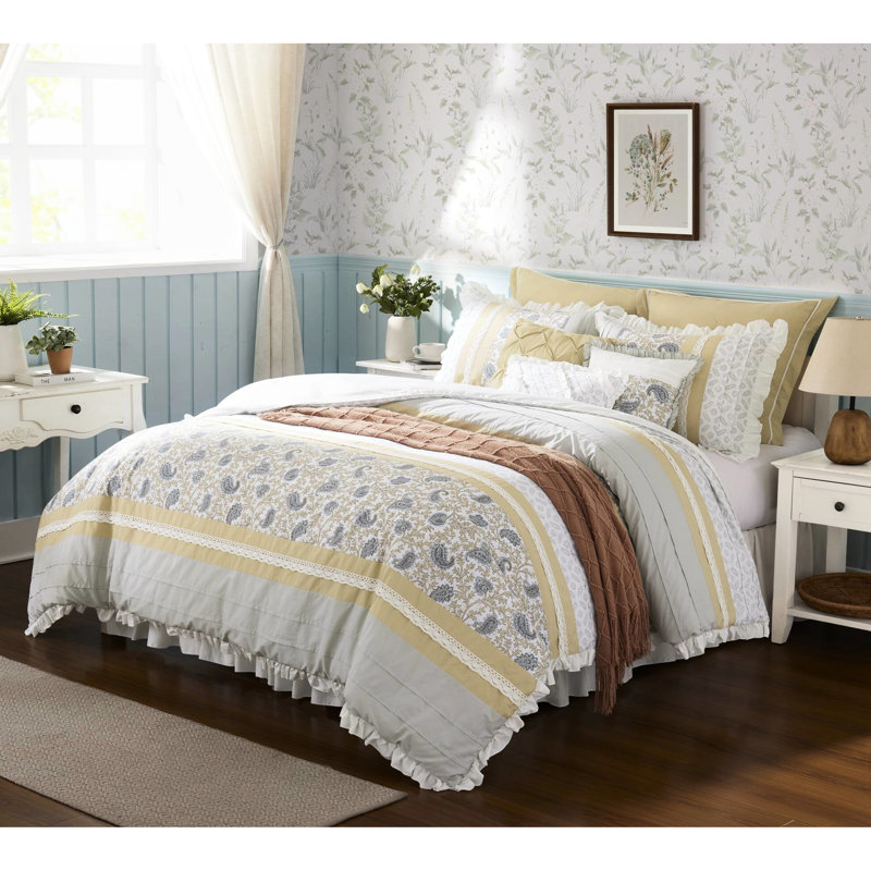 Couette jaune King - Décoration de chambre shabby chic en coton 9 pièces avec taies d'oreiller européennes et coussins décoratifs