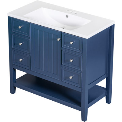 Meuble-lavabo bleu de 36 po avec composition et bois massif, une armoire, trois tiroirs, un lavabo en céramique blanche à finition peinte, un comptoir à rebord plat, un lavabo autoportant, un centre, réglable