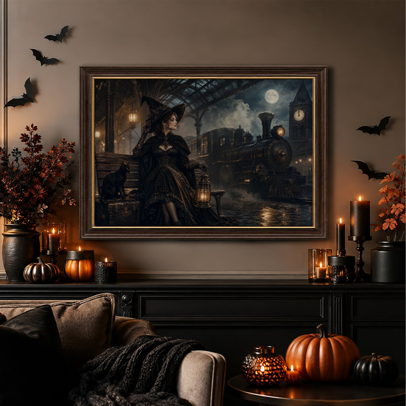 Femme sorcière gothique à la gare de train à vapeur au clair de lune - Toile murale d'Halloween, 12"H x 18"W