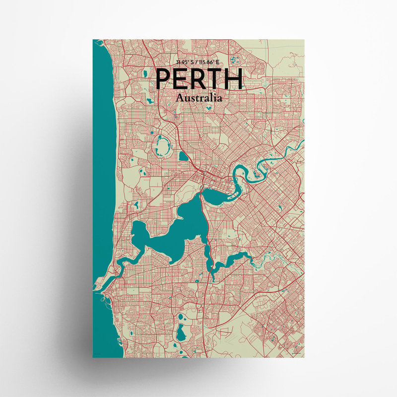 " Perth Australia City Map ", Green/Beige, 36" H x 24" W