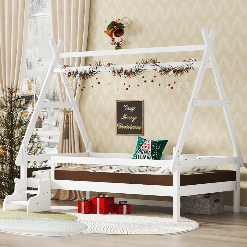 Lit plateforme simple avec escalier, lit simple en bois massif, Blanc clair, Lit simple