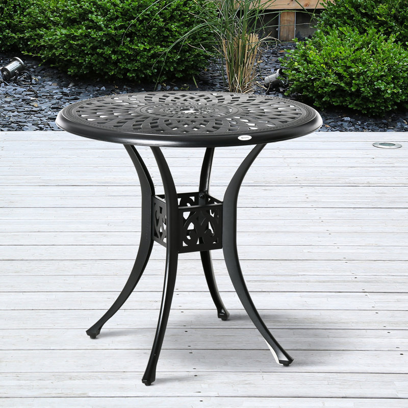 Table de bistro ronde de 30 po avec trou pour parasol, table d'extérieur antique en fonte d'aluminium, noire, pieds robustes, matériau de construction robuste, plateau de table
