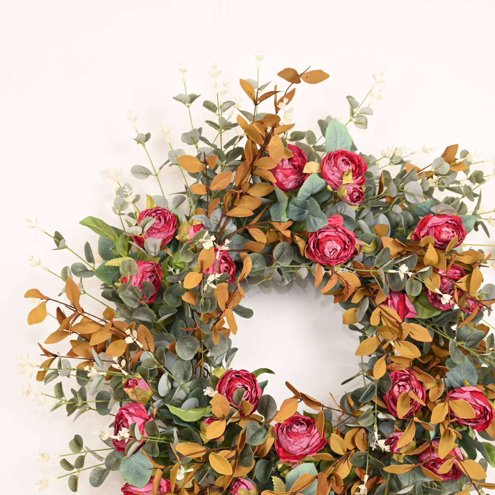 26" Artificial Large Rustic Harvest Two-Tone Autumn Eucalyptus Rose Fall Front Door Wreath Thanksgiving Décor