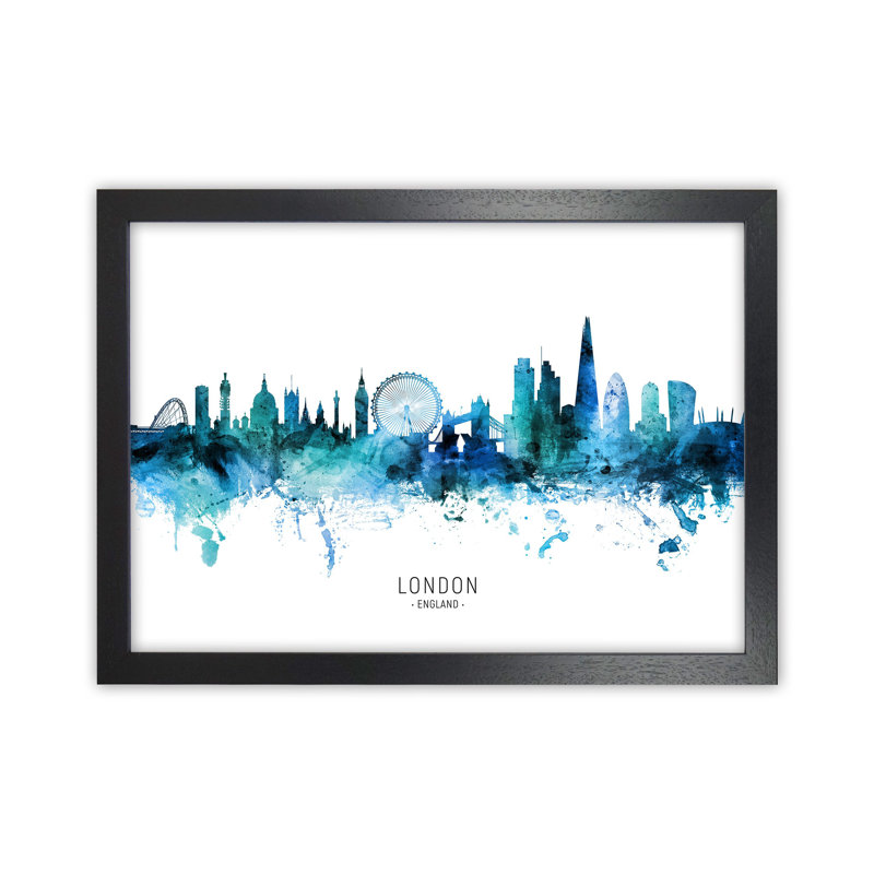 London England Skyline Blue City Name by Michael Tompsett - Print, Black Framed, 25cm H x 34cm W x 3cm D