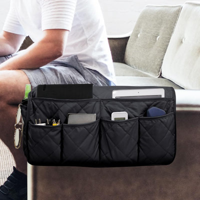 Organisateur d'accoudoir de canapé antidérapant, rangement de chevet pour fauteuil inclinable avec 14 poches pour téléphone cellulaire, télécommande télé et magazines (noir)