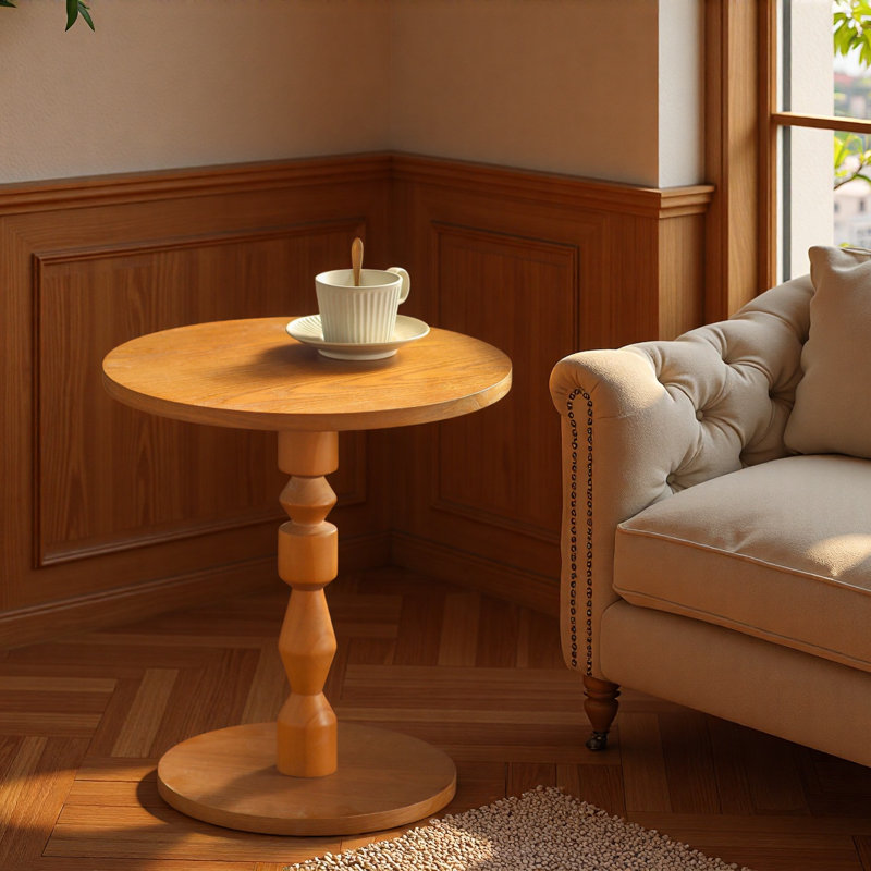 Round Side Table With Mdf Tabletop, Solid Wood Spindle Leg Light Oak Living Room Table