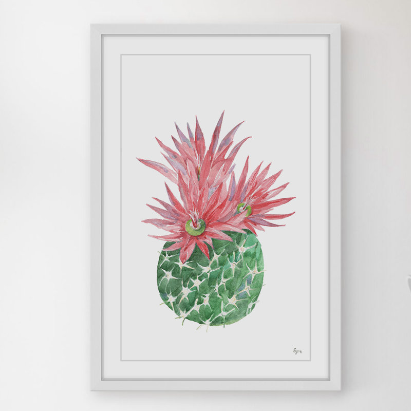 « fleuring cactus », reproduction de peinture à l’aquarelle encadrée, H 30 po x l 20 po x P 1,5 po