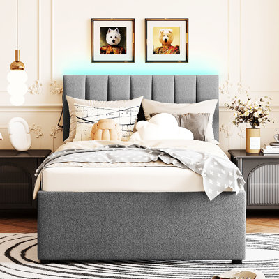 Grand lit tapissier grand avec lit gigogne simple TG et aspect poli, molleton gris, structure stable