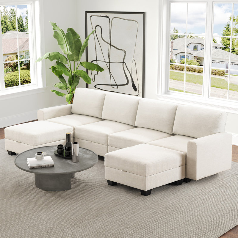 Canapé modulaire rembourré 6 pièces Ilyes, Chenille blanche