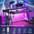 L-Shaped Gaming Desk With LED Lights, Power Outlets, Storage Shelves - 55 Inch Carbon Fiber Black