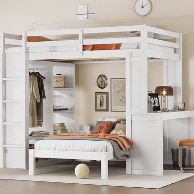 Full XL/Full Over Twin Bunk Bed With Detachable Lower Bed And Desk, Solid Wood Frame With Built - In Shelves And Wardrobe, Convertible To Loft Bed For Versatile Use