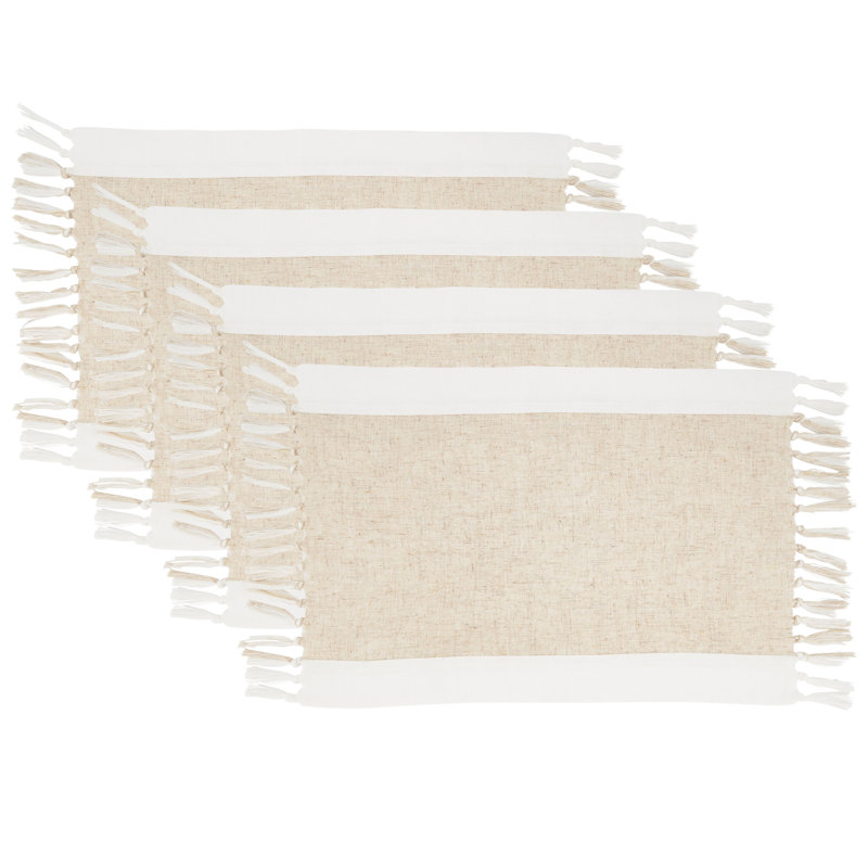Natural Two-Tone Fabric Placemats with Fringe, Set of 4