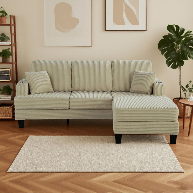 Oriana 2-Piece Sofa And Ottoman With Pillow And USB Port For Small Space Living Room Apartment, Beige Corduroy