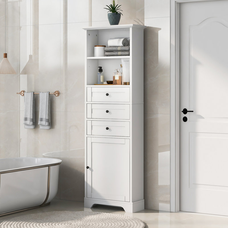 Grande armoire de rangement blanche avec 3 tiroirs et tablettes réglables pour la salle de bain, la cuisine et le salon, panneau de fibres à densité moyenne avec finition peinte