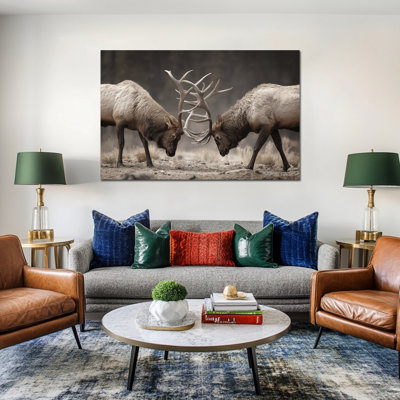 Large Elk Antler Clash Canvas Wall Art, Wildlife Deer Winter Scene Canvas Print, Rustic Nature Animal Poster Painting for Living Room Study Entryway, Ready to Hang Canvas Artwork, 36×48 Inches