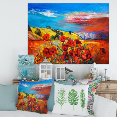 «Blossom Red Poppy Fieldsunder a Blue Sky», peinture sur toile