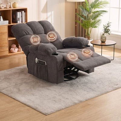 Gray Wide-Seat Swivel Rocker Recliner with Massage, Lumbar Heat and USB Port