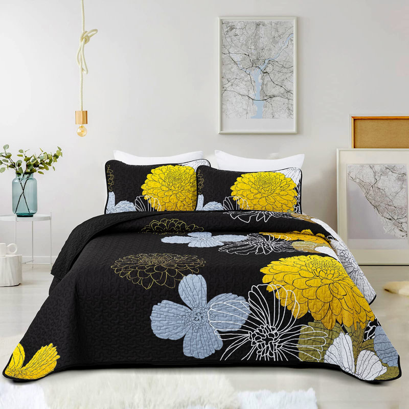 Ensemble de courtepointe 3 pièces avec imprimé floral, Courtepointe pour lit grand + deux taies décorati, Jaune / Noir